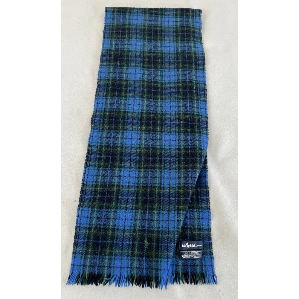 VTG Polo Ralph Lauren Men's Lambwool Plaid Scarf Green Blue 56